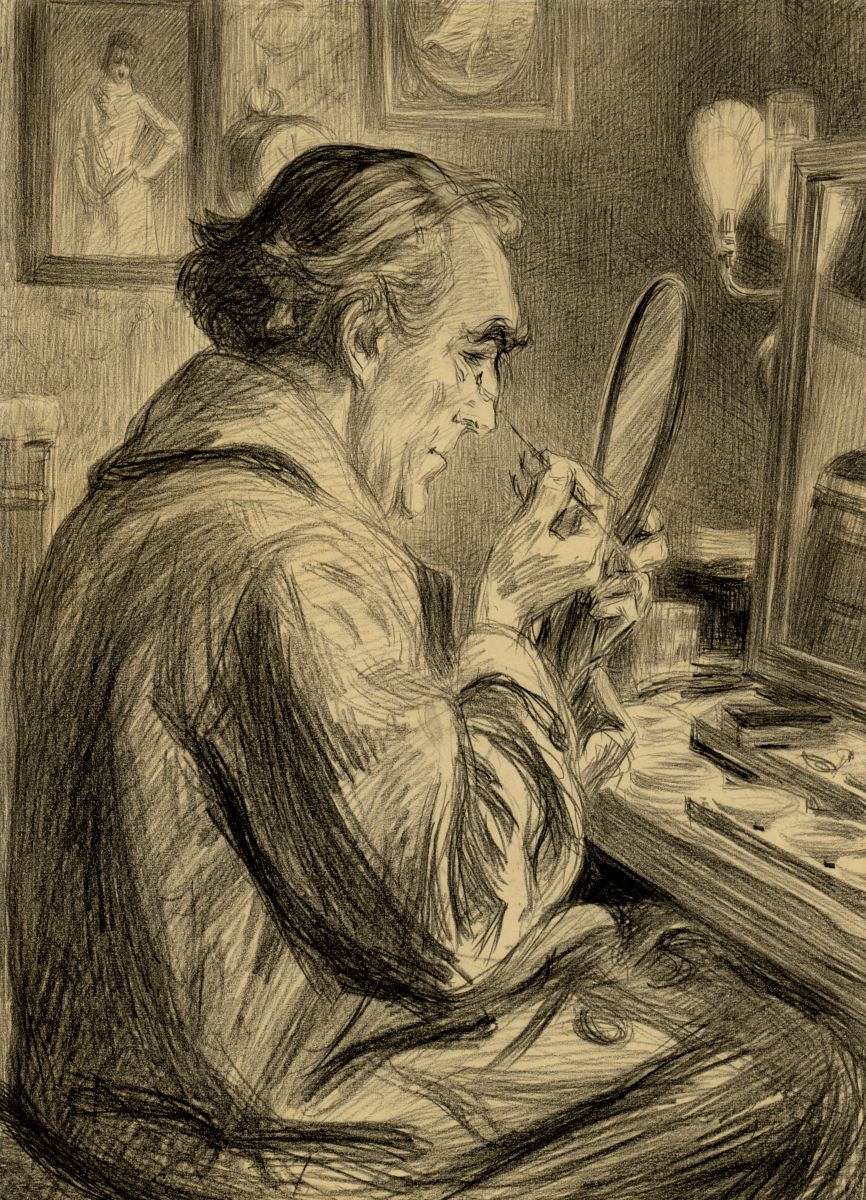 Sir Henry Irving Making up for a Performance,  Paul Renouard 1845-1924.  Original drawing used here by kind permission of The Art Archive and The Garrick Club