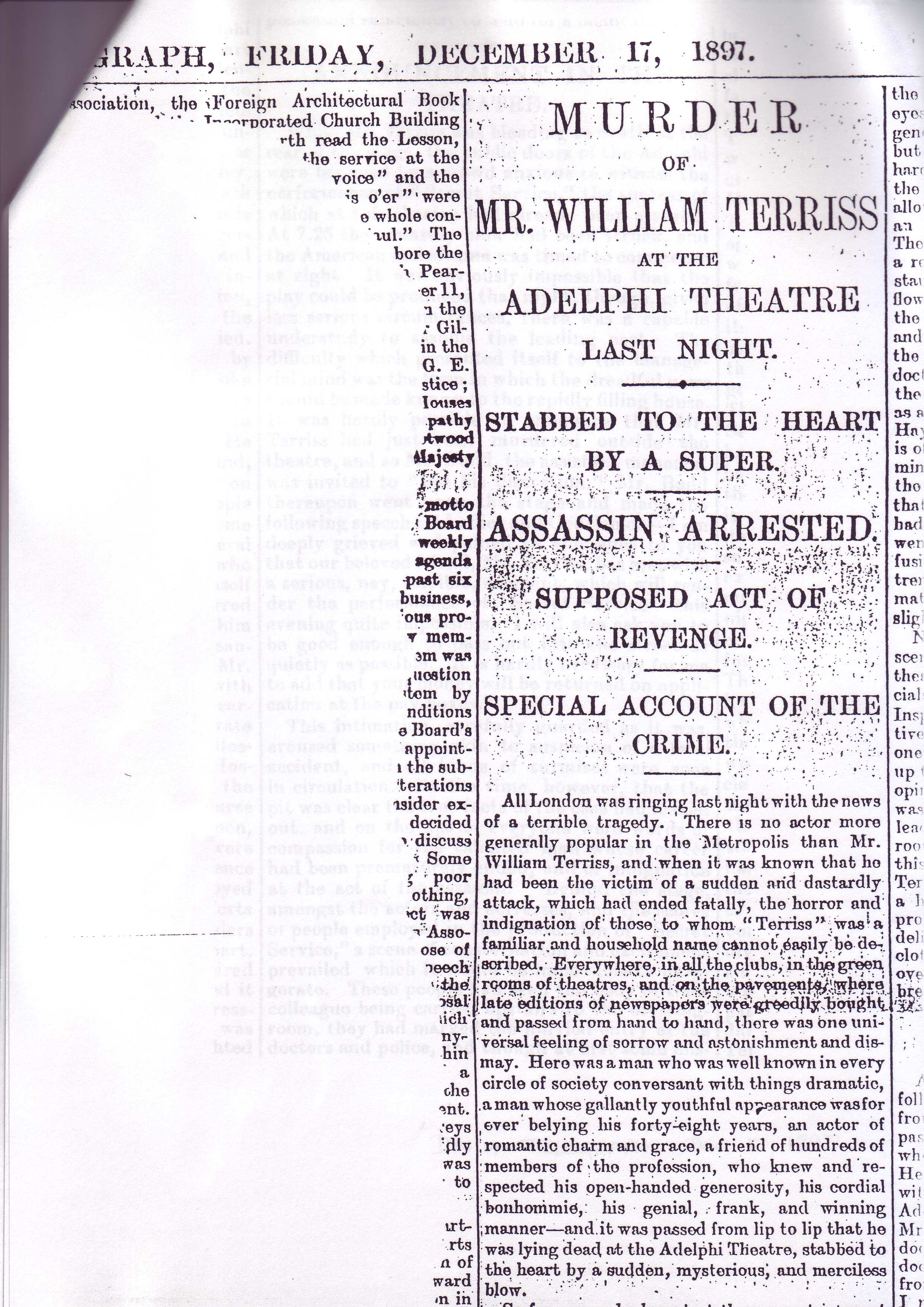 Article re: Terriss murder, Daily Telegraph 17.12.1897 