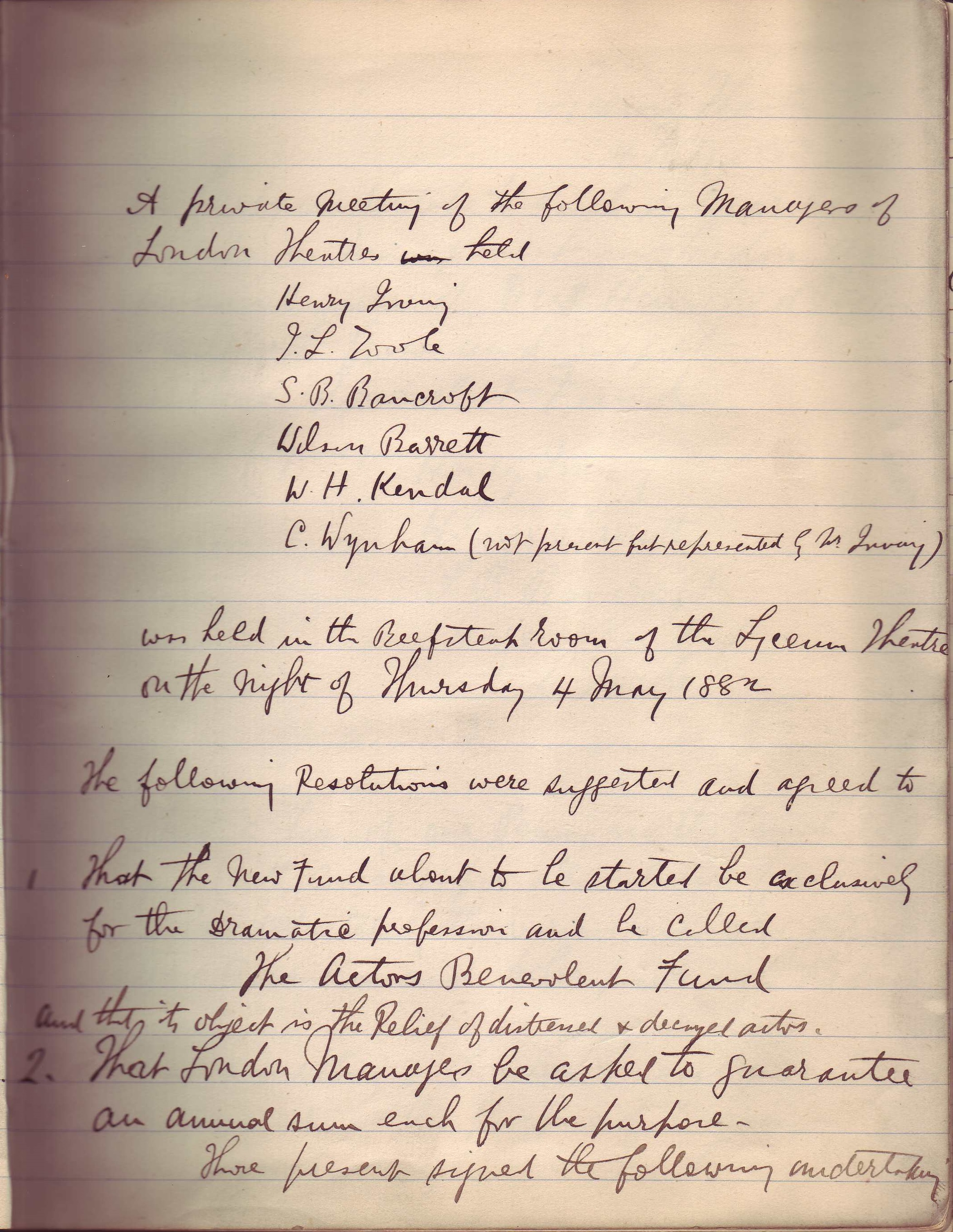 Minutes of the first meeting of the Actors' Benevolent Fund, 4th May 1882